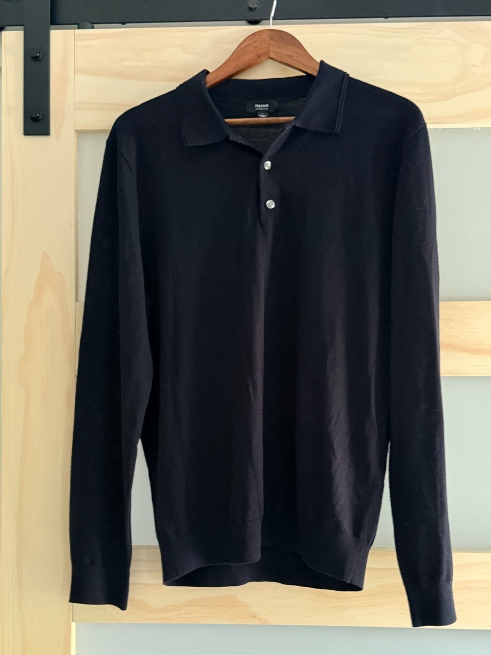 Reiss Men’s Large Merino Wool Long Sleeve Polo Sweater Blueish Black